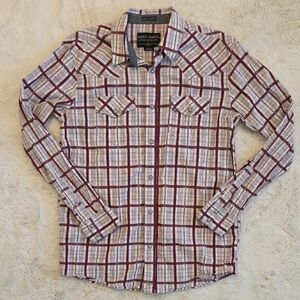Cody James Men's Pearl Snap Burgundy Plaid Shirt
